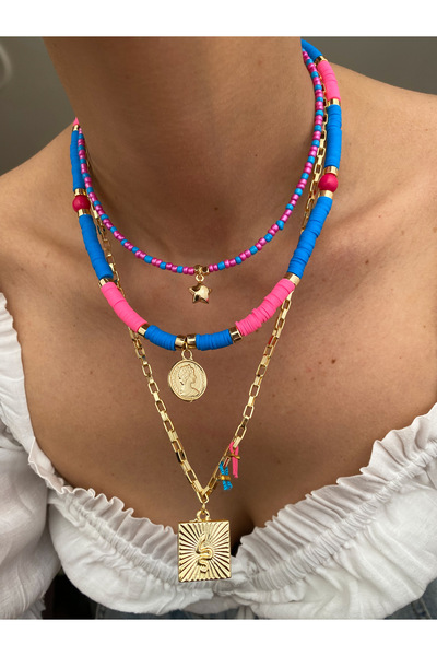 Lucky Designs Renkli Seramik Figür Detay Üçlü Set Kolye/ Kadın Çoklu Set Kolye/Yazlık Üçlü Kolye