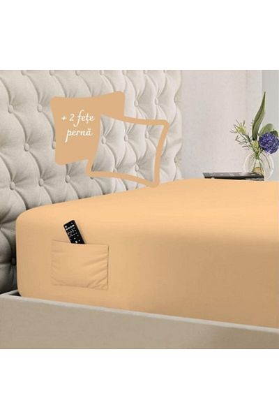 Bahar Tekstil Fitted Sheet with Elastic and Side Pockets + 2 Pillowcases, 140x200cm+30cm, Peach Beige
