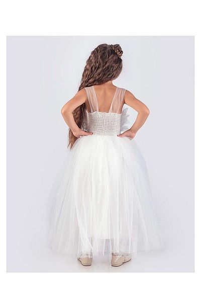 Mnk Baby&Kids Βραδινό φόρεμα για κορίτσια σατέν - Sapes Model, Back Guiped & Tulle, Sling, ΛΕΥΚΟ MNK0618