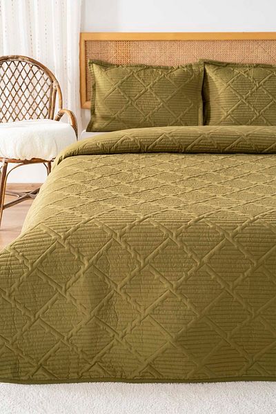 Rivaİstanbul Edda Khaki Embroidered Double Bedspread Set 3 Piece Sleeping Set