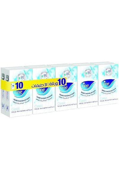 FINE Classic Facial Pocket Tissues, 3 Ply, Pack of 10 x 10 Sheets, Good for All Skin Types, Fine Ste