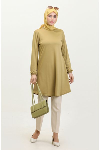 sefamerve Saffron Colorful Crepe Tunic - Απλό μανίκι και ελαστική άκρη 8709-04