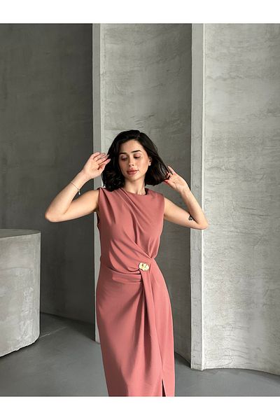 Moda Palmiss Women's Dusty Rose Stone Detailed Slit Stylish Midi Linda Dress