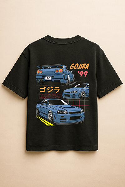 Altair Tr تي شيرت أسود اللون كبير الحجم مطبوع عليه سيارة Nissan Skyline R34 G...