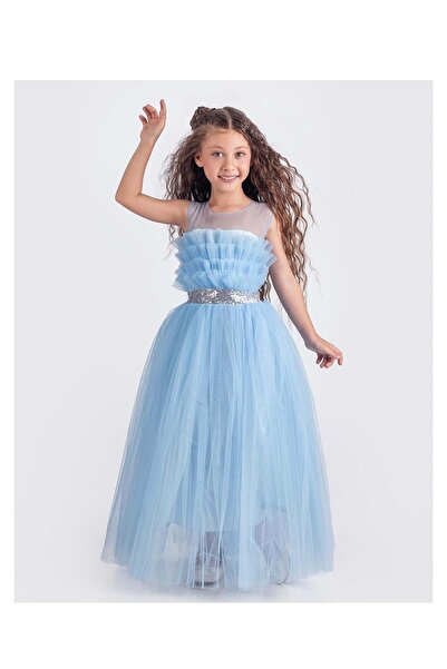 Mnk Baby&Kids Sapes Model Sırt Gipeli Tüllü Kız Çocuk Askılı Saten Abiye MNK0618 BEBE MAVİ