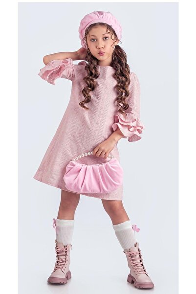 Mnk Baby&Kids Miss Clarice Kız Çocuk Fransız Bere, Çanta, Çorap Ve Elbise Takım M00704 PEMBE