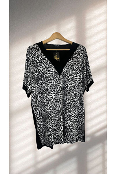 Vinola Leopar Desenli V Yaka Kadın Tişört