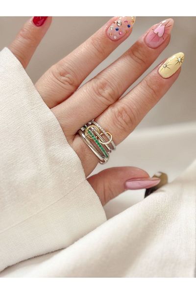 CHARMLUCKY Steel Green Stone 4-Piece Ring