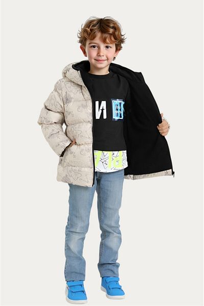 Montland Boy's Beige Compass Pattern Fleece Water and Windproof Hooded Puffer Winter Coat with Pockets