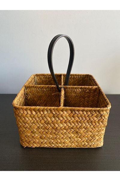 Bahçem Decorative Bamboo Wicker Bathroom Organizer / Cutlery Holder / Decorative Object with 4 Compartments 20X20X11 cm