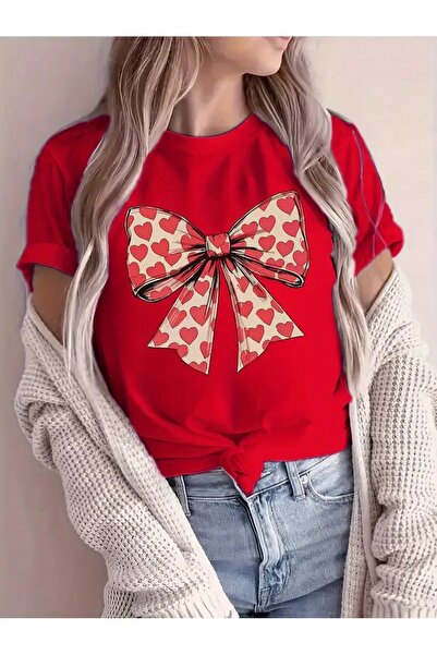 WOODROFFE Ženska okrugla kragna majica sa srcem i ružičastom mašnom Štampano ...