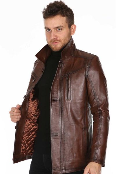 Derimont's Genuine Leather Brown Shirt Collar Men's Leather Coat