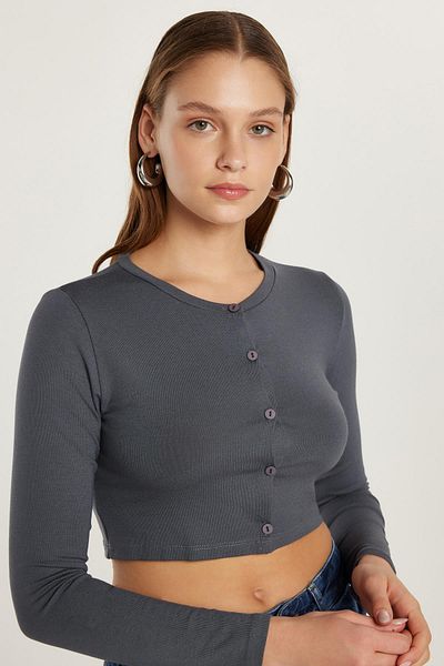 Tudors Women's Slim Fit Slim Fit Long Sleeve Crew Neck Anthracite Cardigan