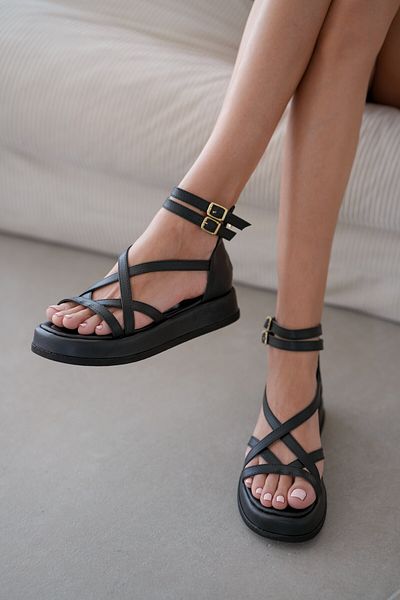 selinshoes Sandale de damă cu cataramă la gleznă cu cruce în față Pony - PIELE NEGRĂ