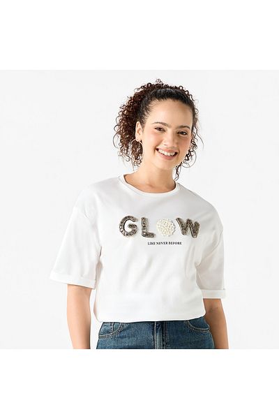 FAV Embellished Round Neck T-shirt with Short Sleeves