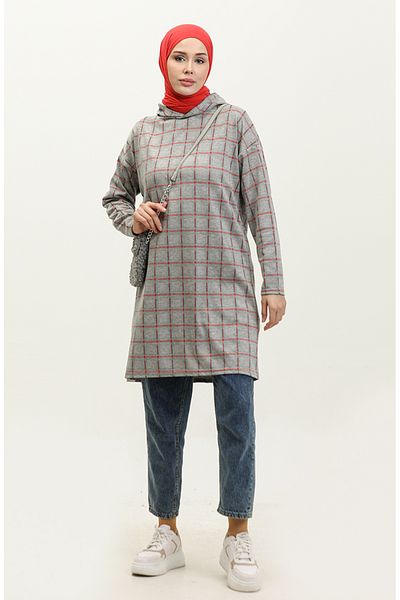 sefamerve 8683-01 Model Gray Tile Plaid Hooded Tunic