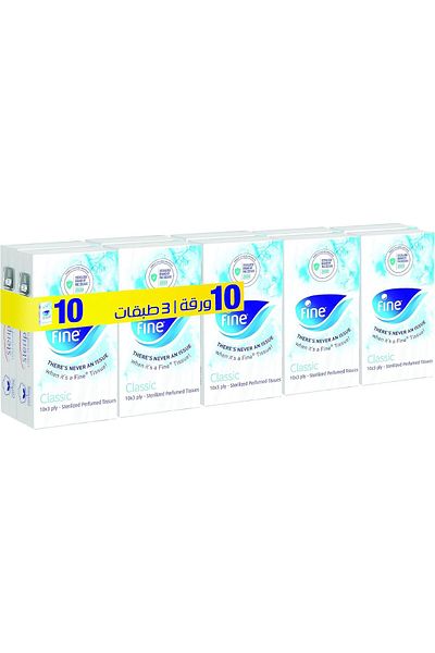 FINE Classic Facial Pocket Tissues, 3 Ply, Pack of 10 x 10 Sheets, Good for All Skin Types, Fine Ste