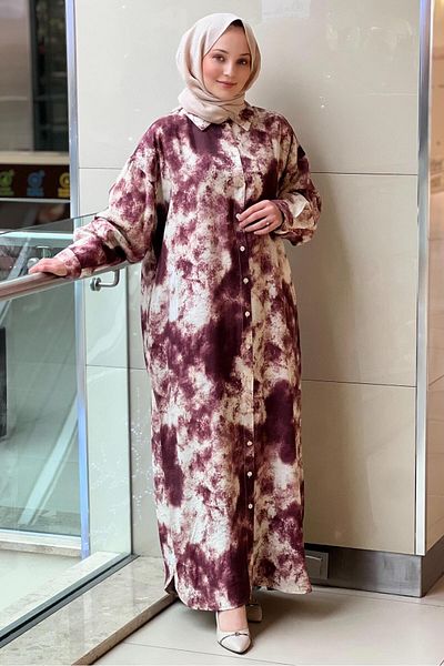 Ceremony Front Buttoned Waist Belted Watercolor Printed Dress