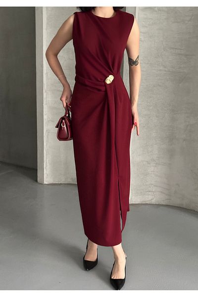 Moda Palmiss Women's Burgundy Stone Detailed Slit Stylish Midi Linda Dress