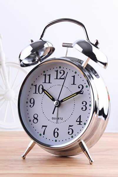 MasterCar Büyük Boy Gümüş Masa Saati Çift Çanlı Nostaljik Premium Kalite Mutfak Saati Işıklı Salon Saati