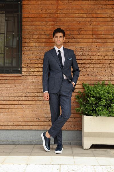 AEK FIORE Men's Navy Blue Striped Linen Suit