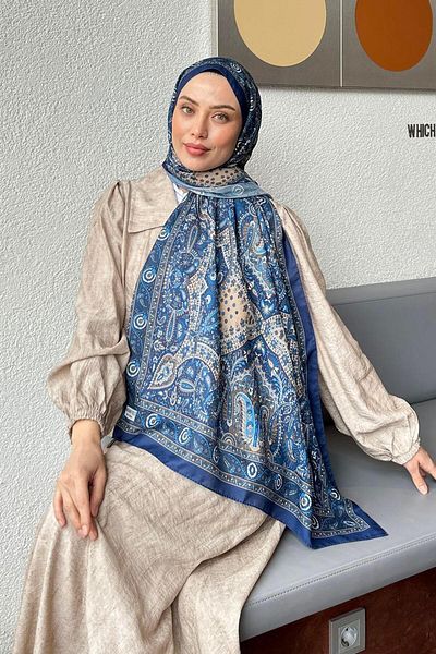 lamelif Retro Pattern Soft Shawl Midnight Blue