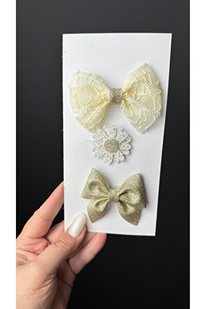 Toka Perisi Set de 3 agrafe pentru păr pentru bebeluși, din dantelă ecru, cu sclipici, Daisy Gold, cu fundă de balerină (cu păr scăzut)