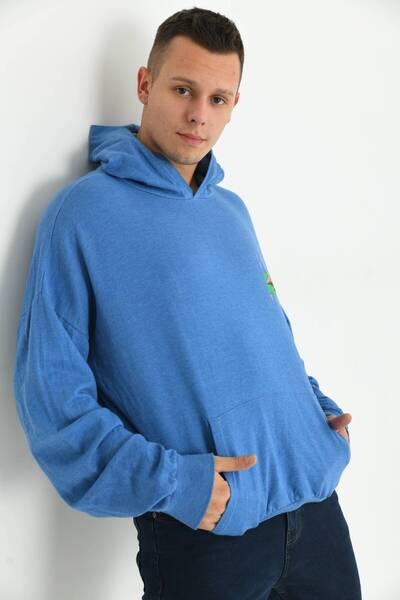 MOVİMENT Ανδρικό μπλουζάκι μπλε oversized με κουκούλα πλεκτό με τύπωμα με πλέγμα