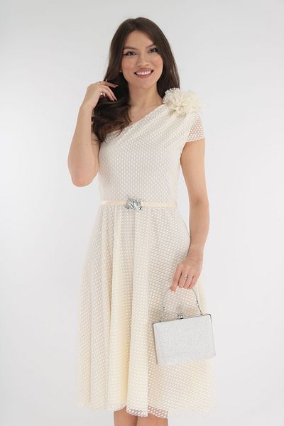 Vanessa Line RO Ivory tulle occasion dress with polka dots and maxi flower on the shoulder