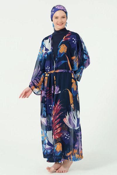 Bordomix 7175 Women's Navy Blue Floral Patterned Belted Long Pareo - Beach Dress