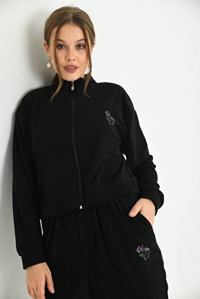 MOVİMENT Black Terry Fabric Floral Embroidered Tracksuit Set