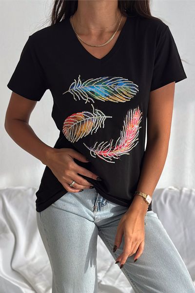 FEMELLE Tricou de damă, negru, cu decolteu în V, cu paiete, brodat din bumbac 100%