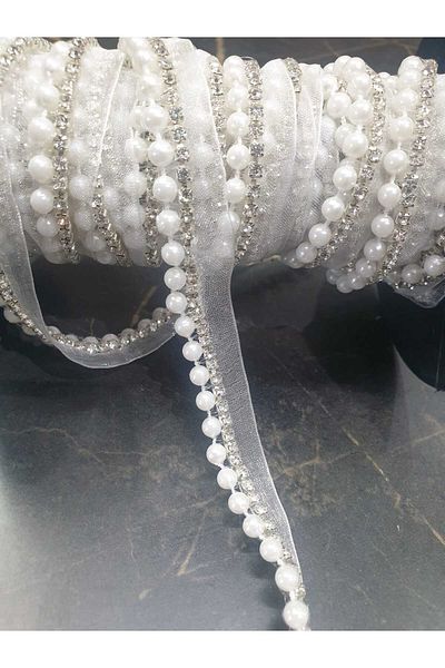ESRA ŞELEM Stone and Bead Detailed White Bias Decorative Strip Applique Sewing Accessory Hobby