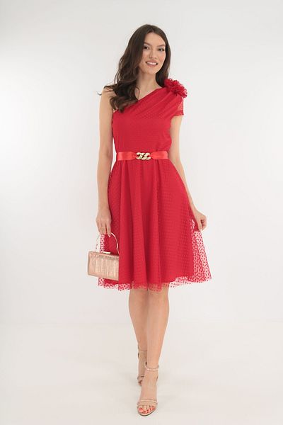 Vanessa Line RO Red tulle occasion dress with polka dots and maxi flower on the shoulder