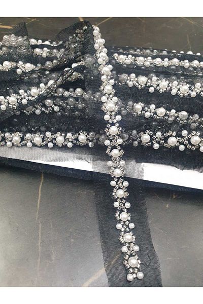 ESRA ŞELEM Black Tulle Bias Beaded Decorative Ribbon Applique Accessory Sewing Accessory