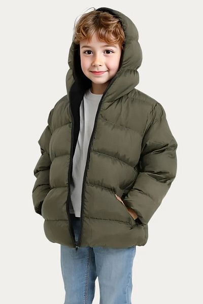 Montland Boy's Khaki Fleece Hooded Waterproof Wind Resistant Pocket Puffer Winter Coat