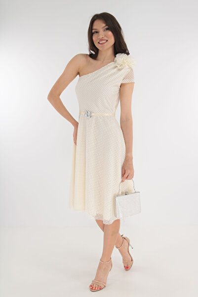 Vanessa Line RO Φόρεμα από ιβουάρ τούλι με πουά και μάξι λουλούδι στον ώμο