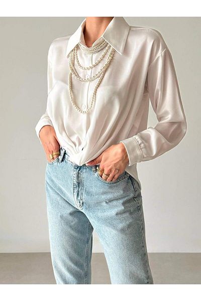 Coral Knotted Waist Satin Blouse Ecru