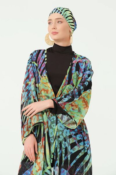 Bordomix 7167 Women's Black Patterned Belted Long Pareo - Beach Dress