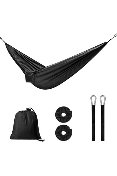 TECOS Camping and travel hammock, Tecos®, 260 cm, 120 kg, black, with carabiners, straps and carrying bag