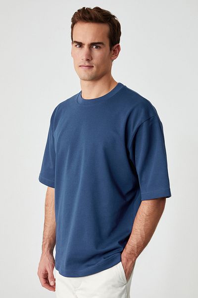 GRIMELANGE Tricou pentru bărbați Solo, 100% bumbac organic, cu textura groasă, cu croiala confortabilă, cu gâtul turn, bleumarin