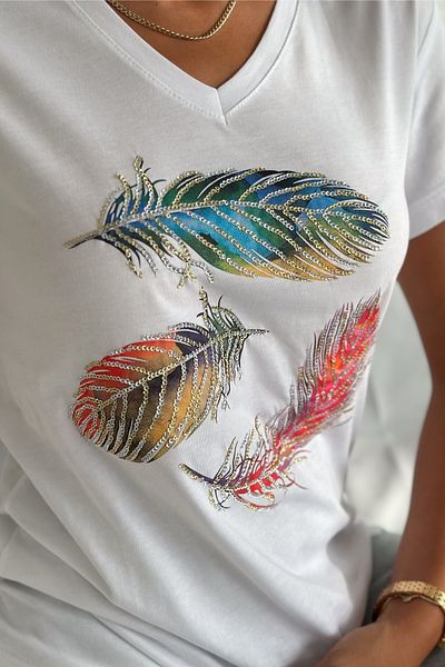 FEMELLE Tricou alb de damă, cu decolteu în V, cu paiete, cu paiete, brodat din bumbac 100%