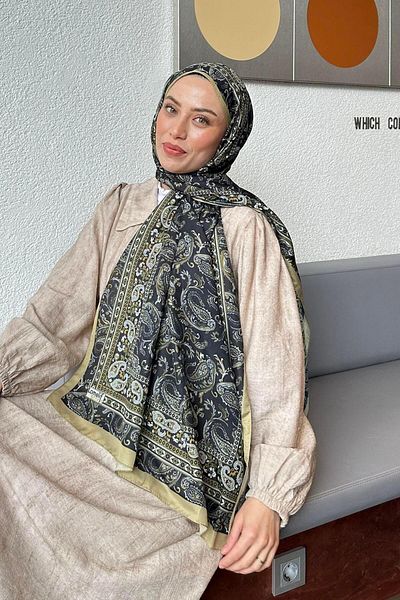 lamelif Retro Pattern Soft Shawl Oil Green