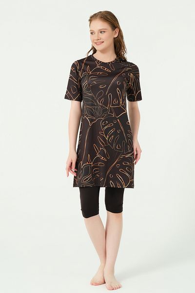 ALFASA Patterned Semi-Covered Hijab Swimsuit 24712-25 Orange