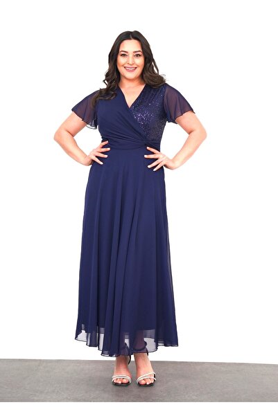 Şirin Butik Women's Navy Blue Large Size Double Breasted Collar Short Sleeve Sequin Detailed Chiffon Evening Dress