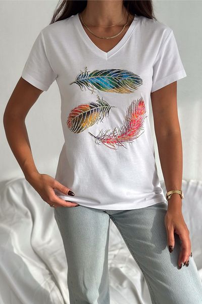 FEMELLE Tricou alb de damă, cu decolteu în V, cu paiete, cu paiete, brodat din bumbac 100%