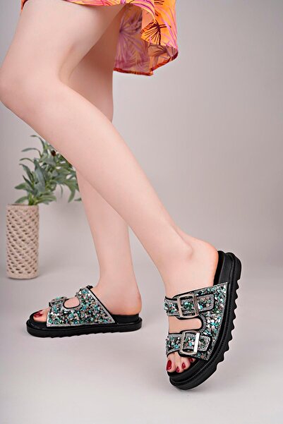 Aymood Жіночі анатомічні зручні тапочки з подвійною пряжкою та камінчиками