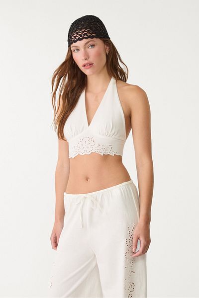 Stradivarius Embroidered linen blend halter top