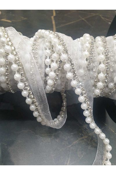 ESRA ŞELEM Stone and Bead Detailed White Bias Decorative Strip Applique Sewing Accessory Hobby