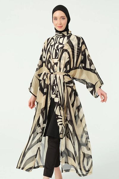 Bordomix 7177 Women's Black Beige Patterned Belted Long Pareo - Beach Dress